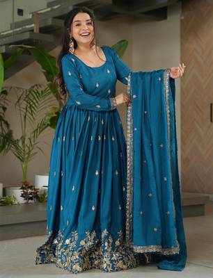 Trijal fab women's chinnon silk embroidered anarkali gown with dupatta set 1