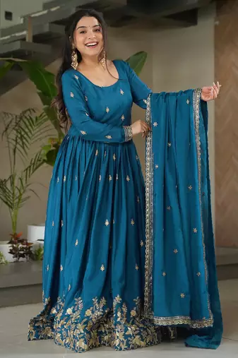 Trijal fab women's chinnon silk embroidered anarkali gown with dupatta set