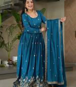 Trijal fab women's chinnon silk embroidered anarkali gown with dupatta set