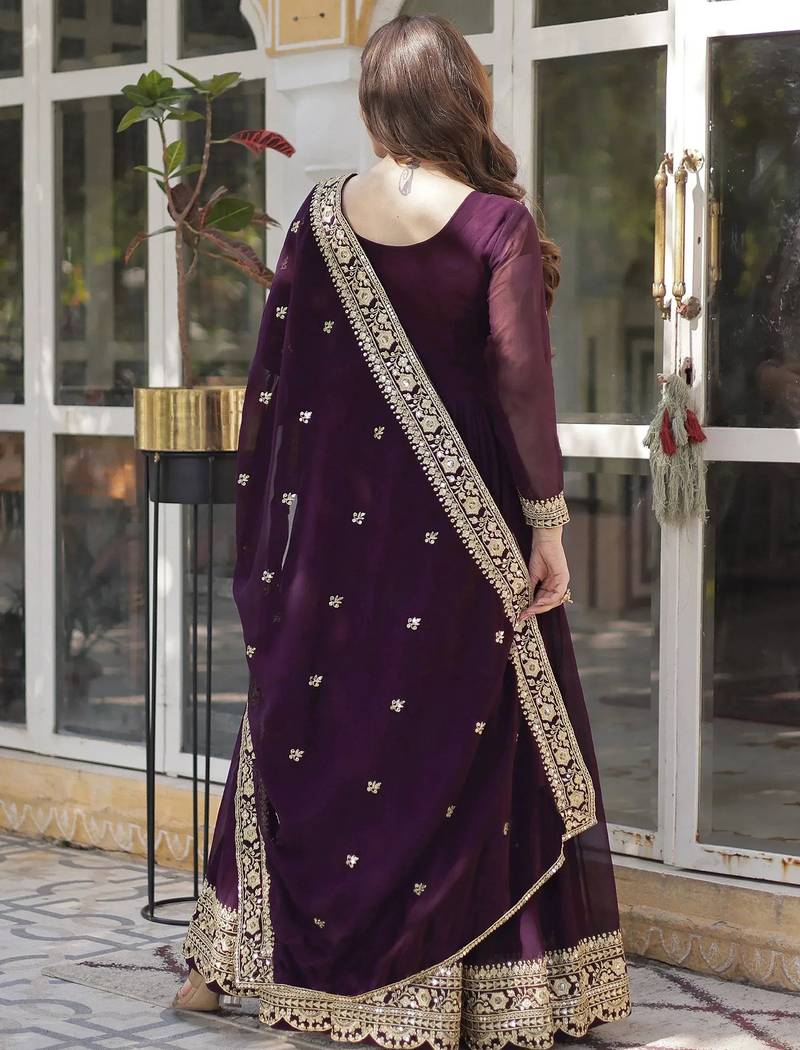 women's georgette embroidered anarkali gown with dupatta set