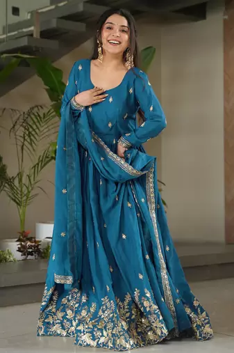 Trijal fab women's chinnon silk embroidered anarkali gown with dupatta set
