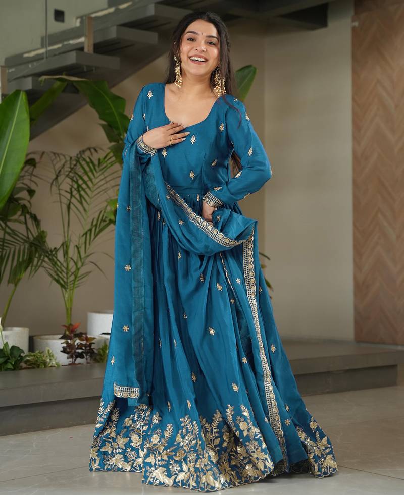 Trijal fab women's chinnon silk embroidered anarkali gown with dupatta set
