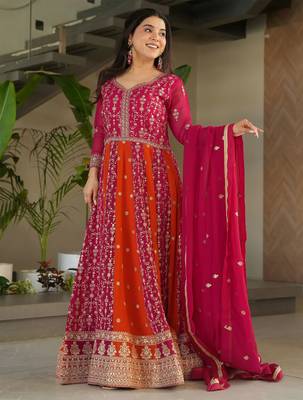 women's georgette embroidered anarkali gown with dupatta set 1