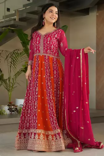 women's georgette embroidered anarkali gown with dupatta set