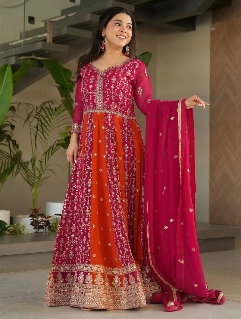 women's georgette embroidered anarkali gown with dupatta set