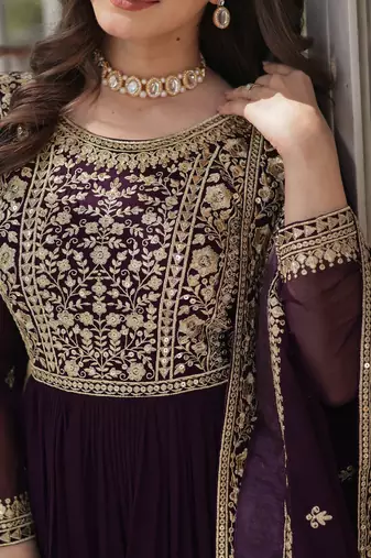 women's georgette embroidered anarkali gown with dupatta set