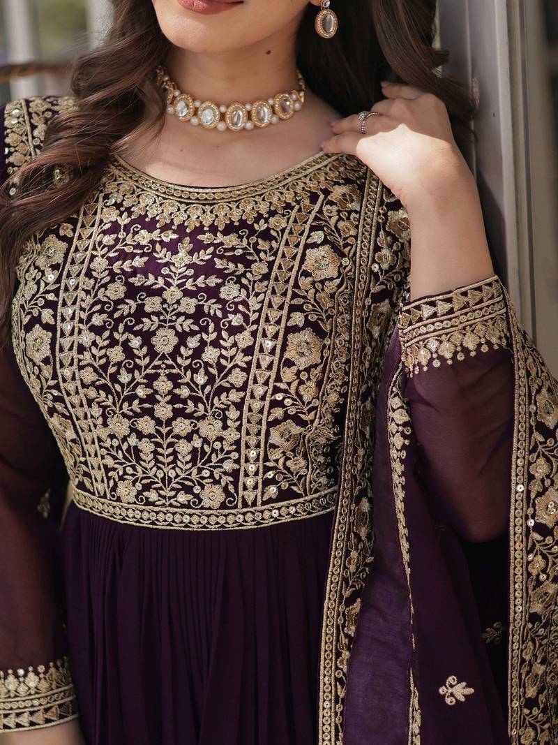 women's georgette embroidered anarkali gown with dupatta set