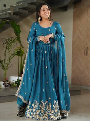 Trijal fab women's chinnon silk embroidered anarkali gown with dupatta set 3