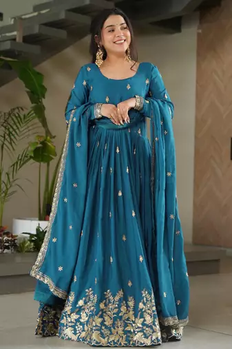 Trijal fab women's chinnon silk embroidered anarkali gown with dupatta set