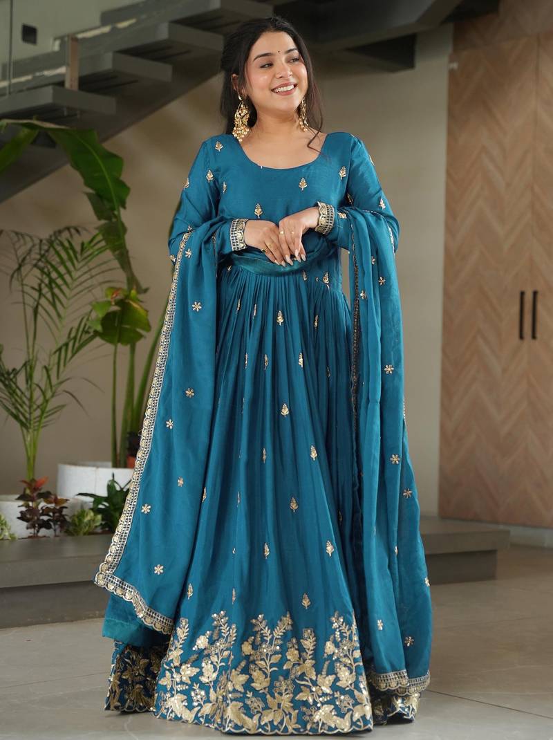 Trijal fab women's chinnon silk embroidered anarkali gown with dupatta set
