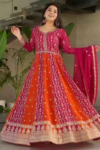 women's georgette embroidered anarkali gown with dupatta set
