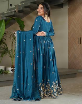 Trijal fab women's chinnon silk embroidered anarkali gown with dupatta set 4