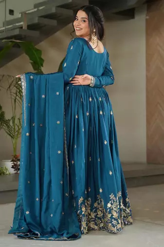 Trijal fab women's chinnon silk embroidered anarkali gown with dupatta set