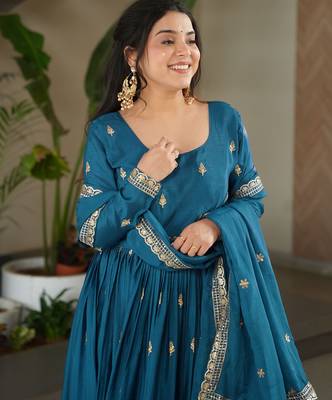 Trijal fab women's chinnon silk embroidered anarkali gown with dupatta set 5