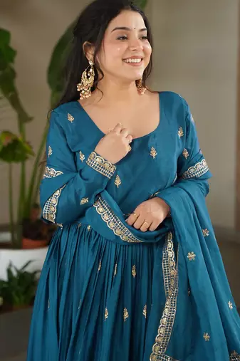 Trijal fab women's chinnon silk embroidered anarkali gown with dupatta set