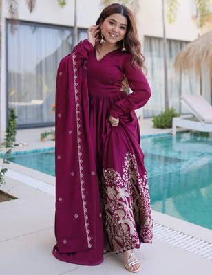 women's georgette embroidered anarkali gown with dupatta set 1