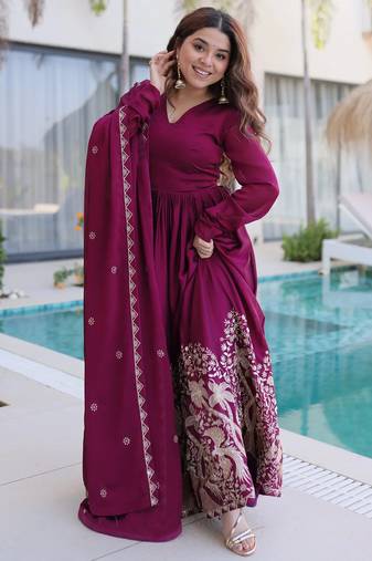 women's georgette embroidered anarkali gown with dupatta set