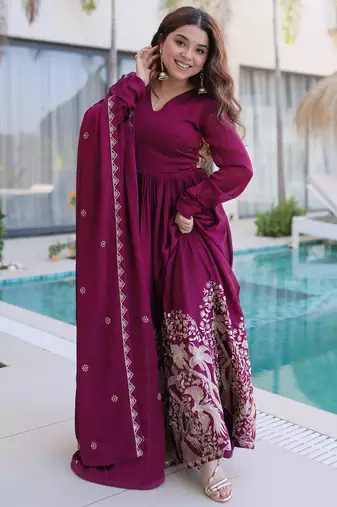women's georgette embroidered anarkali gown with dupatta set