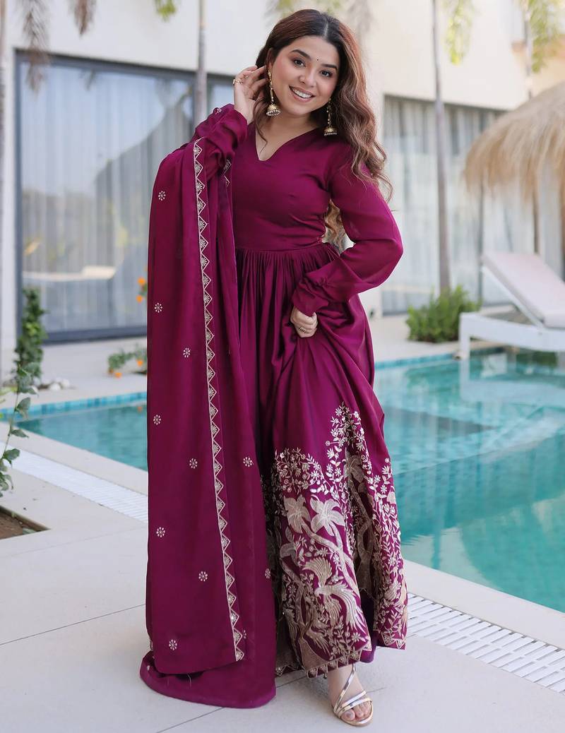 women's georgette embroidered anarkali gown with dupatta set