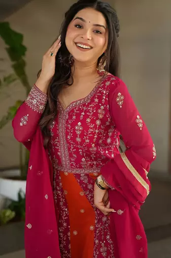 women's georgette embroidered anarkali gown with dupatta set