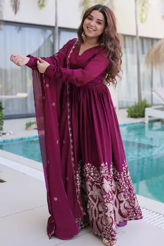 women's georgette embroidered anarkali gown with dupatta set