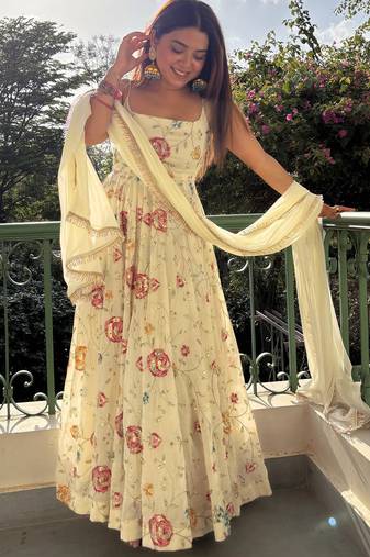 women's georgette embroidered anarkali gown with dupatta set