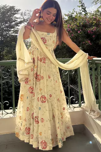 women's georgette embroidered anarkali gown with dupatta set