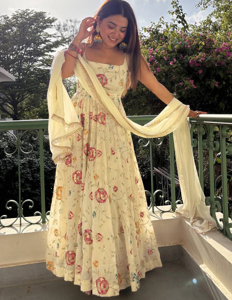 women's georgette embroidered anarkali gown with dupatta set