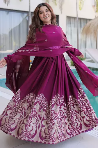 women's georgette embroidered anarkali gown with dupatta set