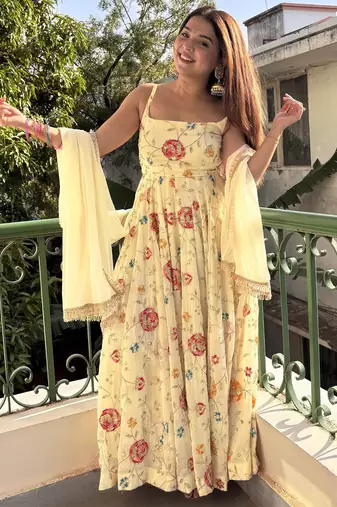 women's georgette embroidered anarkali gown with dupatta set
