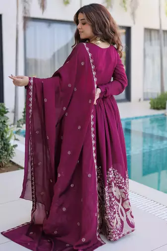 women's georgette embroidered anarkali gown with dupatta set
