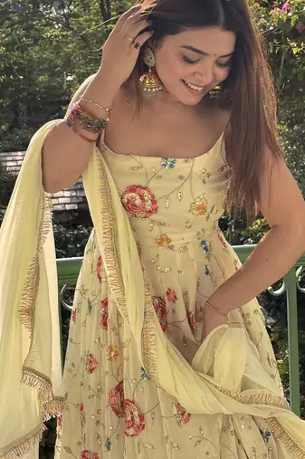 women's georgette embroidered anarkali gown with dupatta set
