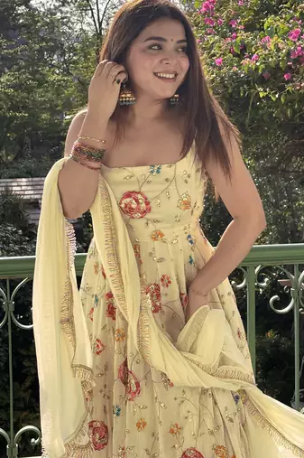 women's georgette embroidered anarkali gown with dupatta set