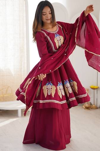 Rani pink anarkali kurti pant set with dupatta