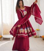 Rani pink anarkali kurti pant set with dupatta