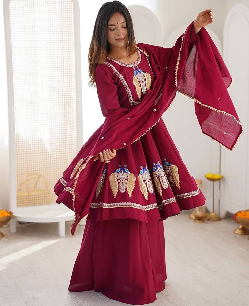 Rani pink anarkali kurti pant set with dupatta