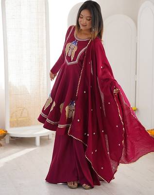 Rani pink anarkali kurti pant set with dupatta 3