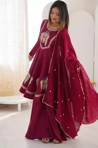 Rani pink anarkali kurti pant set with dupatta