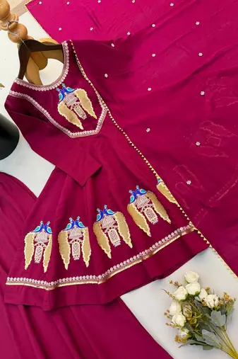 Rani pink anarkali kurti pant set with dupatta