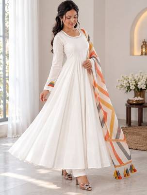 White flared anarkali kurta set with printed dupatta & pant 1
