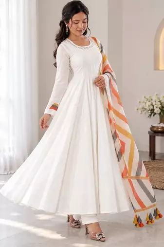White flared anarkali kurta set with printed dupatta & pant