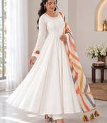 White flared anarkali kurta set with printed dupatta & pant