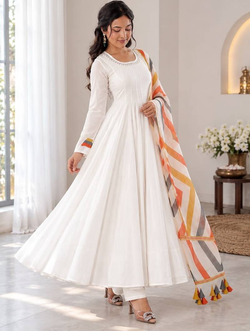 White flared anarkali kurta set with printed dupatta & pant