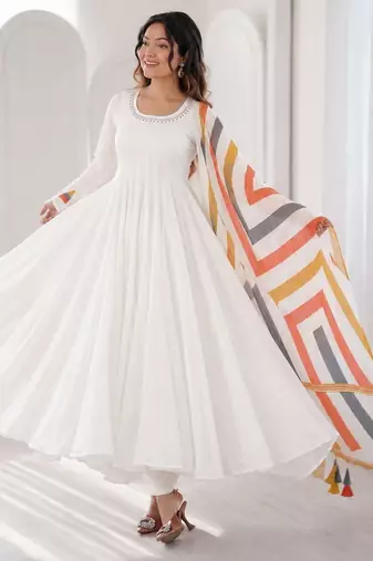 White flared anarkali kurta set with printed dupatta & pant