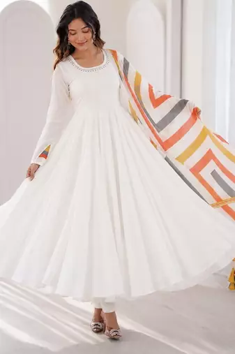 White flared anarkali kurta set with printed dupatta & pant