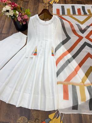 White flared anarkali kurta set with printed dupatta & pant 4