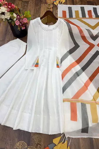 White flared anarkali kurta set with printed dupatta & pant