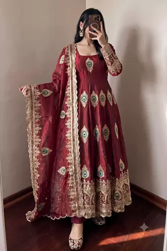 Heavy peacock embroidered maroon anarkali suit set with dupatta & pant