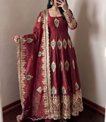 Heavy peacock embroidered maroon anarkali suit set with dupatta & pant