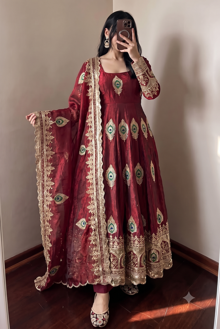 Heavy peacock embroidered maroon anarkali suit set with dupatta & pant